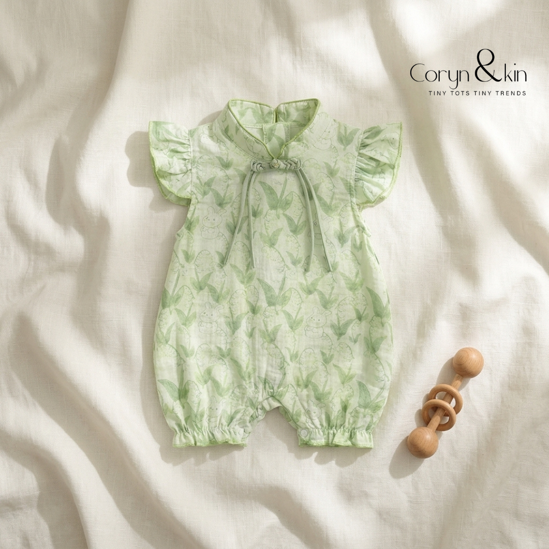 Green Floral Baby Girl Romper Dress | Soft Cotton Outfit (0–3 Years) | Coryn & Kin