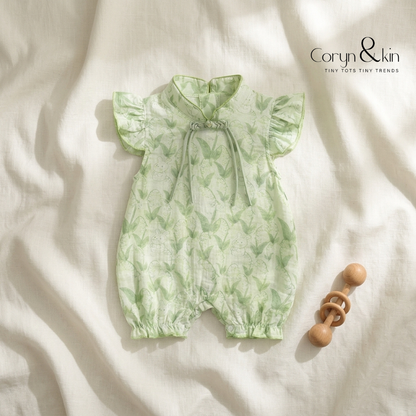 Green Floral Baby Girl Romper Dress | Soft Cotton Outfit (0–3 Years) | Coryn & Kin