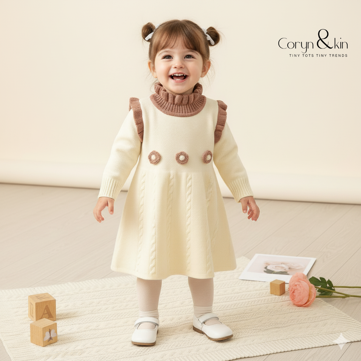 Cozy Knit Ruffle Frock Dress – Cream & Blush