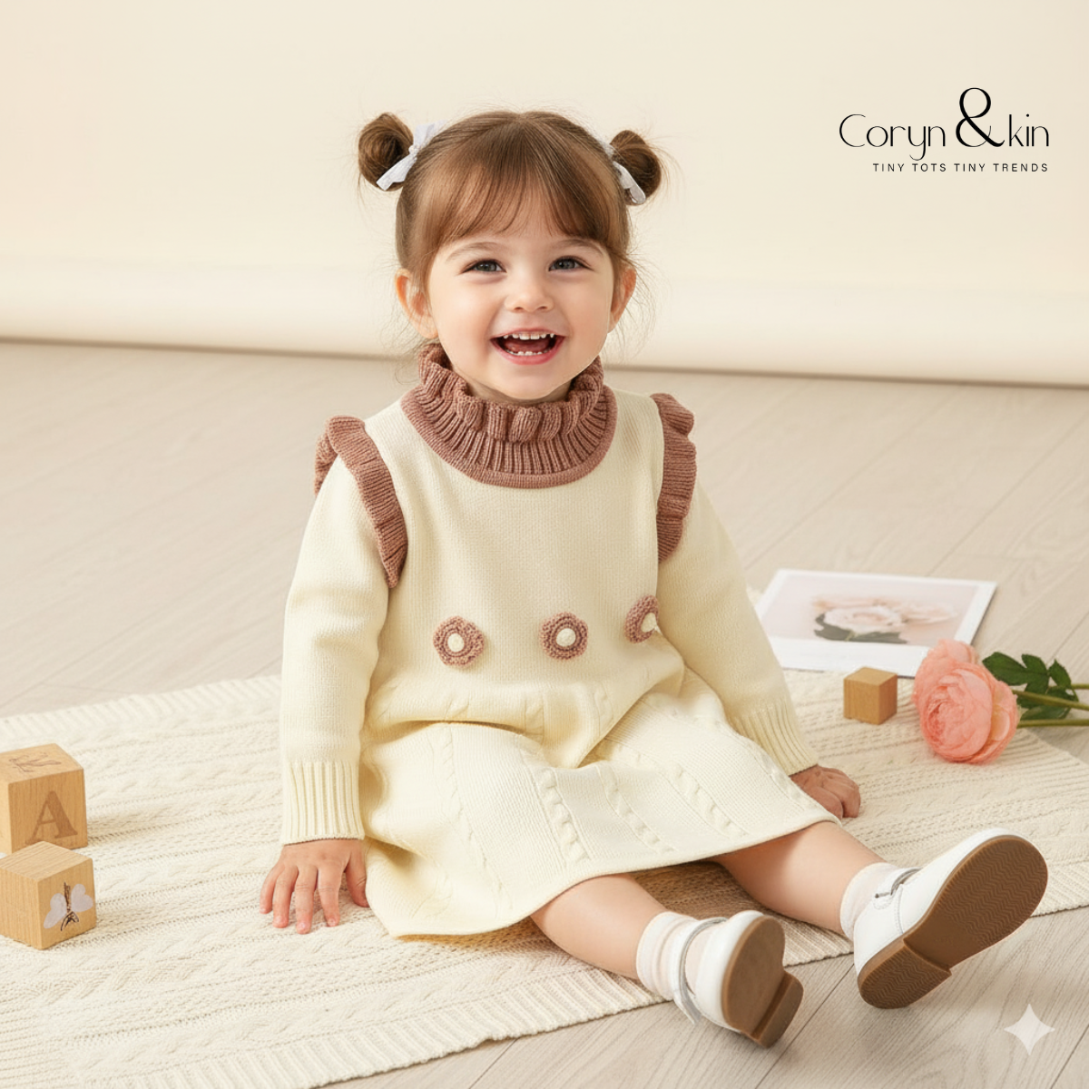 Cozy Knit Ruffle Frock Dress – Cream & Blush