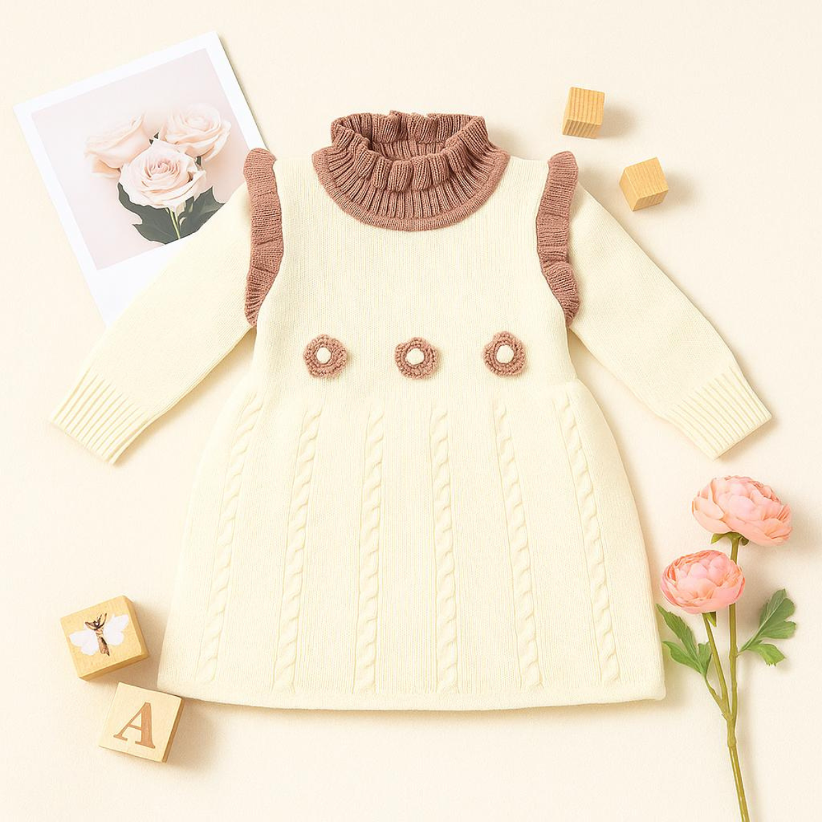 Cozy Knit Ruffle Frock Dress – Cream & Blush