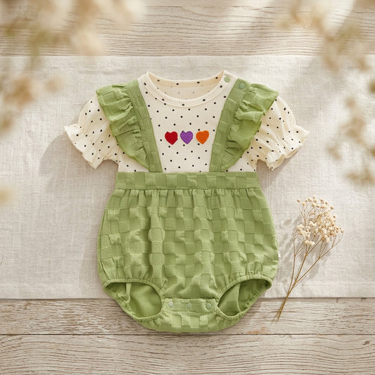 Green Suspender Baby Romper Set with Polka Dot T-Shirt | Cotton Outfit (0–3 Years) | Coryn & Kin