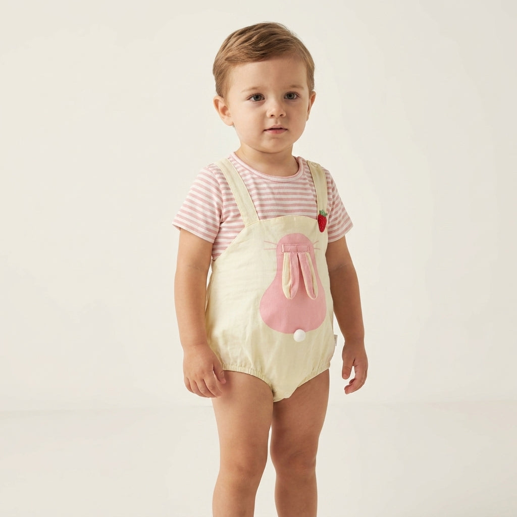 Baby Girl Dungaree Romper Set with Striped T-Shirt | Cute Cotton Outfit (0–3 Years) | Coryn & Kin