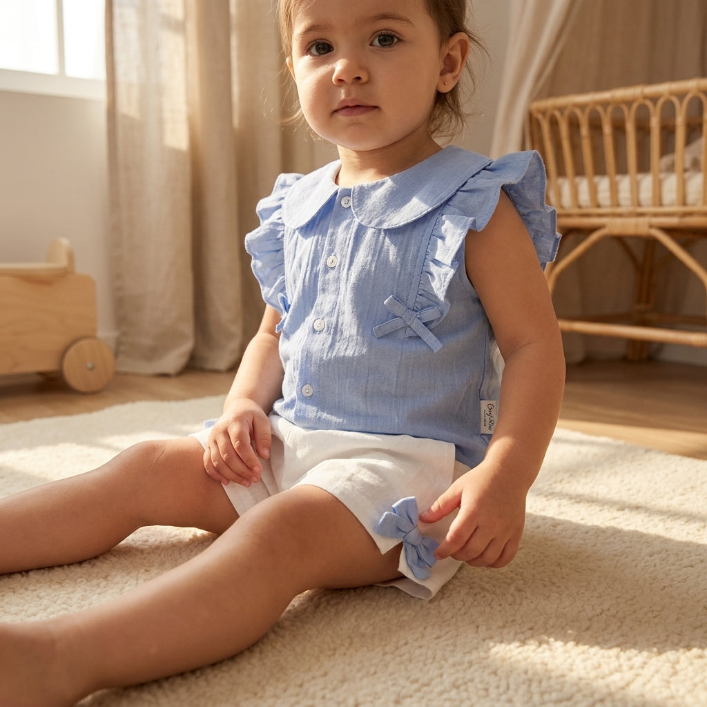 Blue Ruffle Baby Girl Top & Shorts Set | Cotton Summer Outfit (0–3 Years) | Coryn & Kin