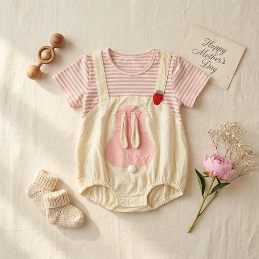 Baby Girl Dungaree Romper Set with Striped T-Shirt | Cute Cotton Outfit (0–3 Years) | Coryn & Kin