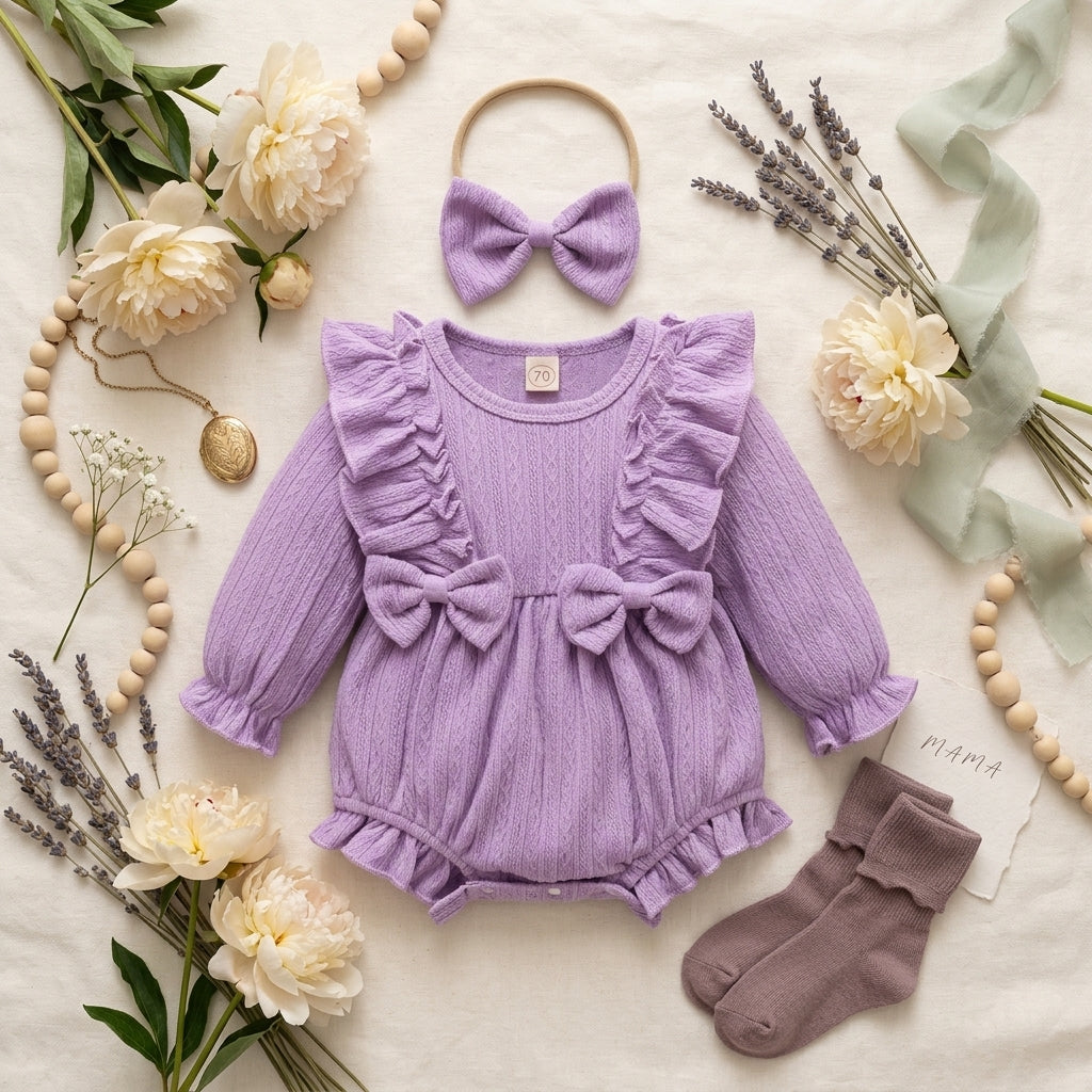 Lavender Ruffle Baby Girl Romper with Headband | Cotton Dress Set (0–3 Years) | Coryn & Kin