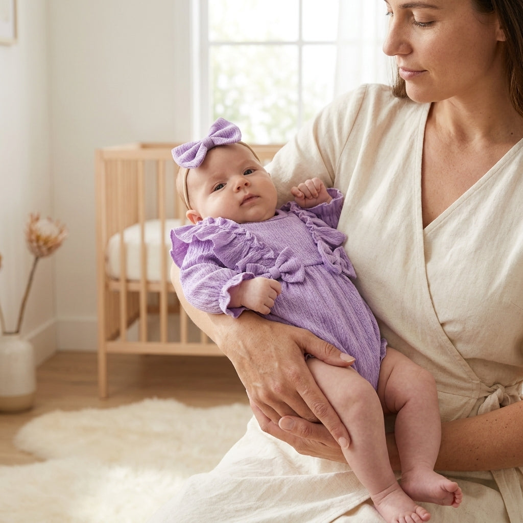 Lavender Ruffle Baby Girl Romper with Headband | Cotton Dress Set (0–3 Years) | Coryn & Kin