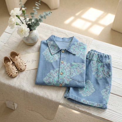 Boys Blue Printed Cotton Co-ord Set – Summer Casual Shirt & Shorts (1-6 Years)