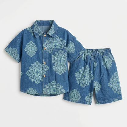 Boys Blue Printed Cotton Co-ord Set – Summer Casual Shirt & Shorts (1-6 Years)