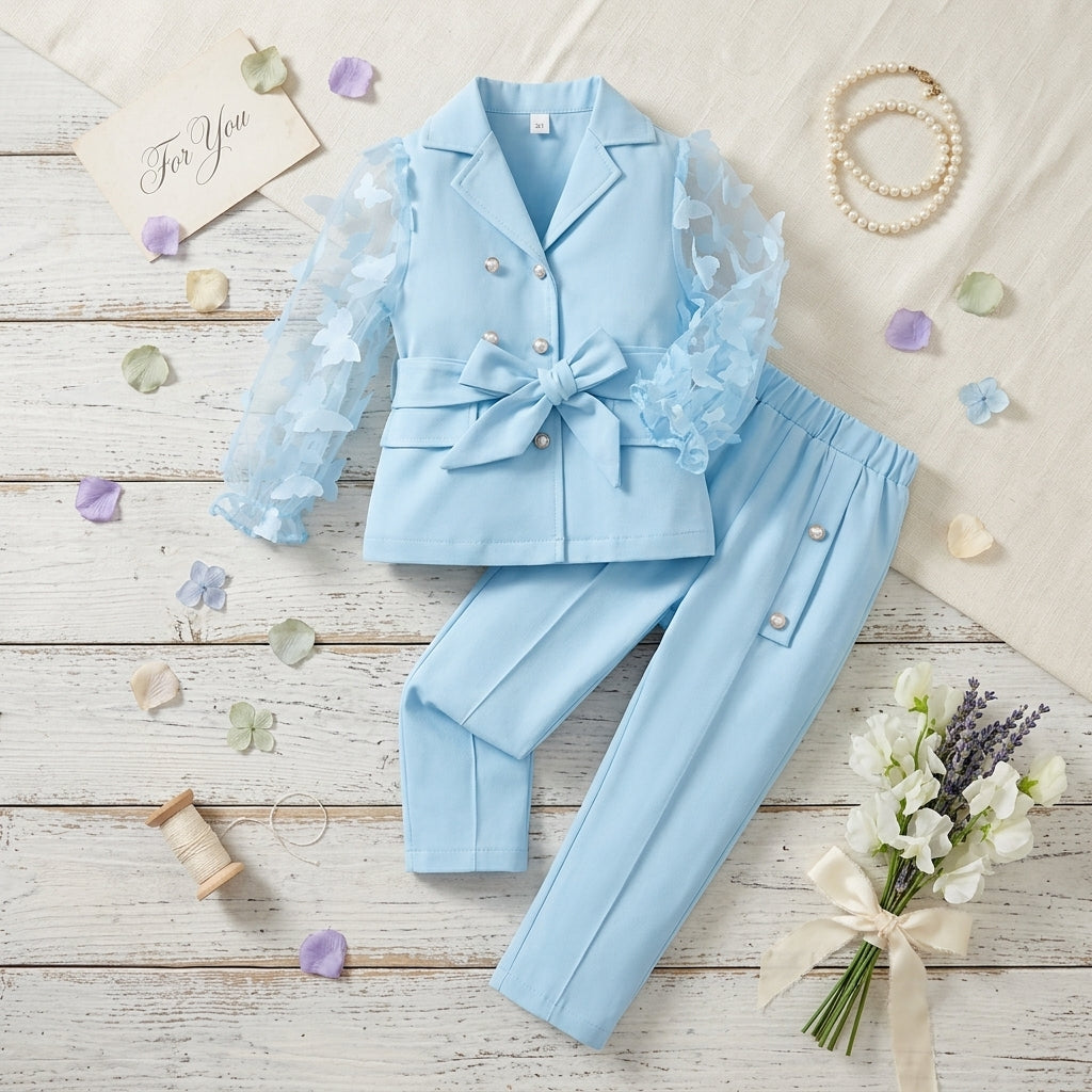 Sky Blue Girls Blazer Co-ord Set with Sheer Sleeves | Elegant Party Outfit (3–7 Years) | Coryn & Kin