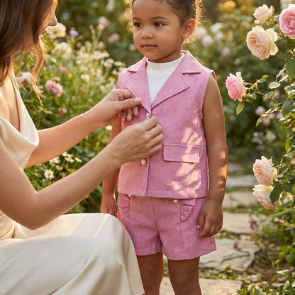 Pink Girls 3-Piece Co-ord Set with Vest, Top & Shorts | Elegant Party Outfit (3–7 Years) | Coryn & Kin