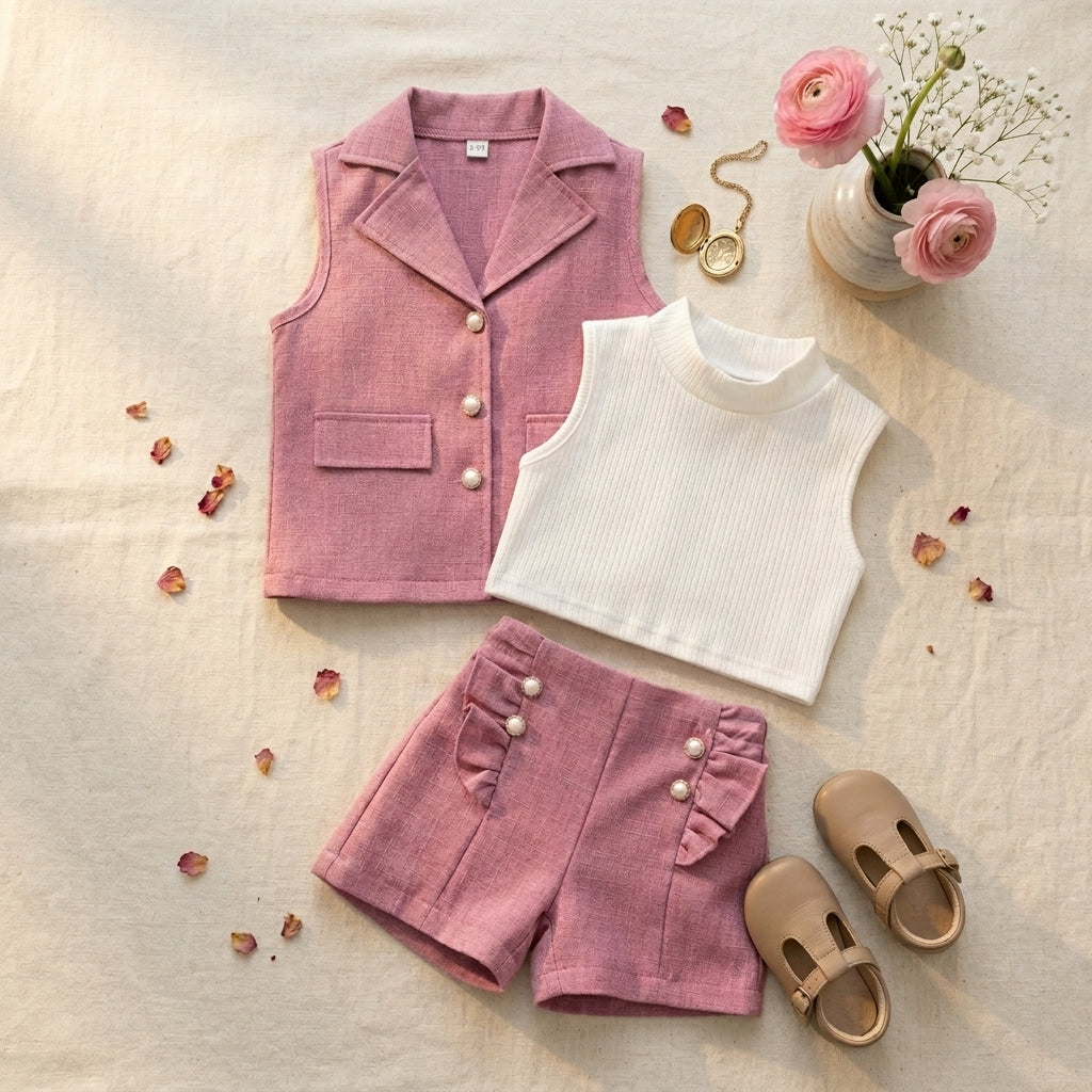 Pink Girls 3-Piece Co-ord Set with Vest, Top & Shorts | Elegant Party Outfit (3–7 Years) | Coryn & Kin