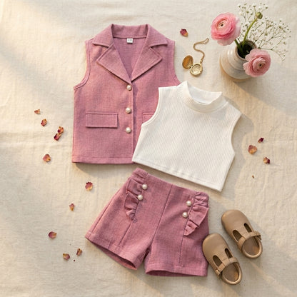 Pink Girls 3-Piece Co-ord Set with Vest, Top & Shorts | Elegant Party Outfit (3–7 Years) | Coryn & Kin