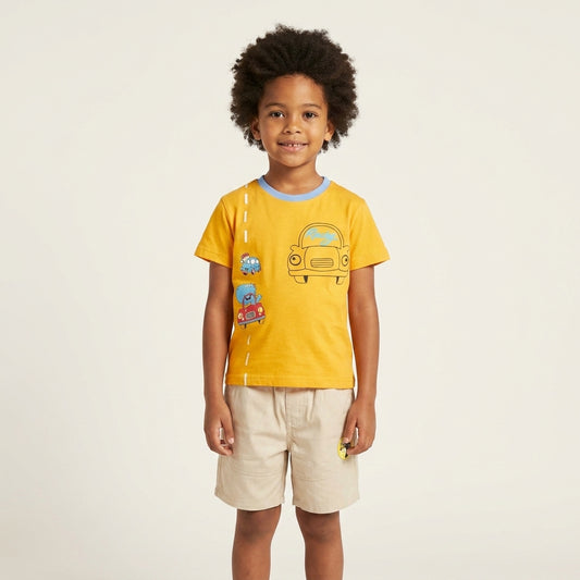Yellow Car Print Boys T-Shirt & Shorts Set | Cotton Summer Outfit (1–5 Years) | Coryn & Kin