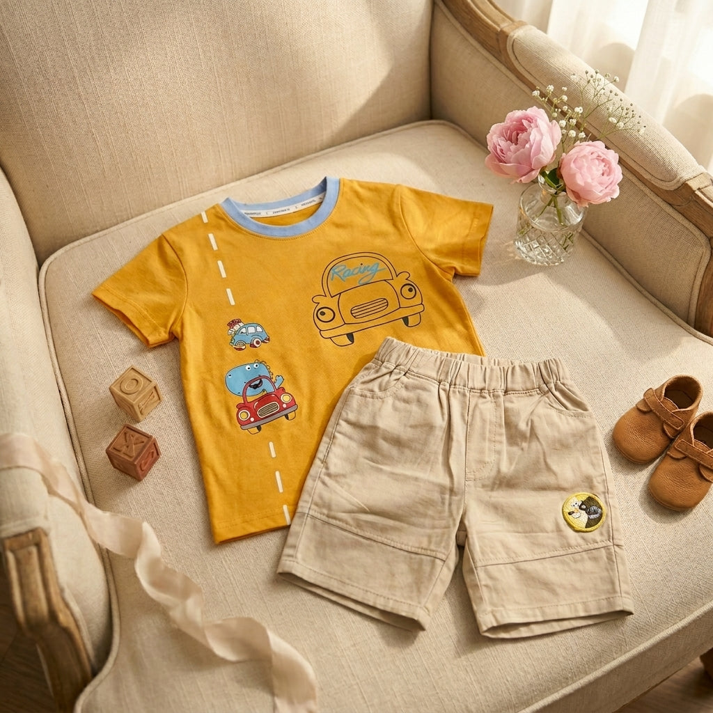 Yellow Car Print Boys T-Shirt & Shorts Set | Cotton Summer Outfit (1–5 Years) | Coryn & Kin