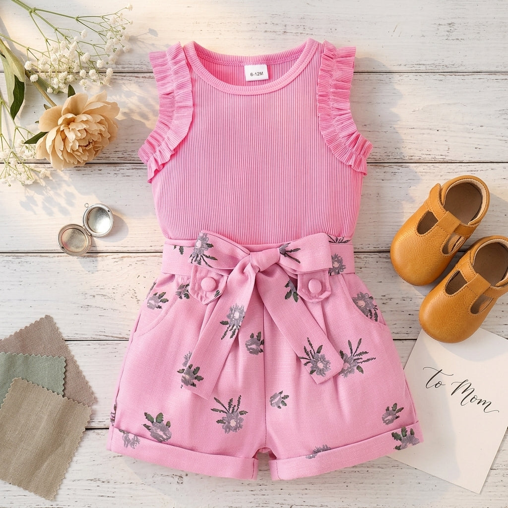 Elegant Pink Floral Girls' Top & Shorts Set – Stylish Summer Outfit for Baby & Toddler Girls