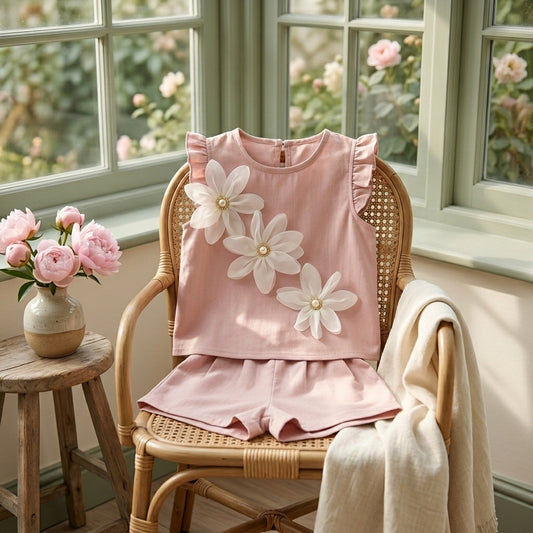 Blush Pink Floral Baby Girl Top & Shorts Set | Elegant Cotton Outfit (0–3 Years) | Coryn & Kin