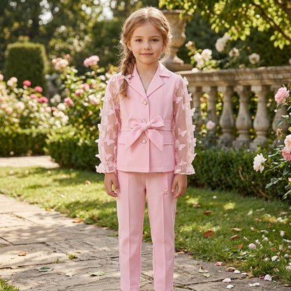 Elegant Girls' Blazer Set – Light Pink Formal Suit with Butterfly Sleeves.