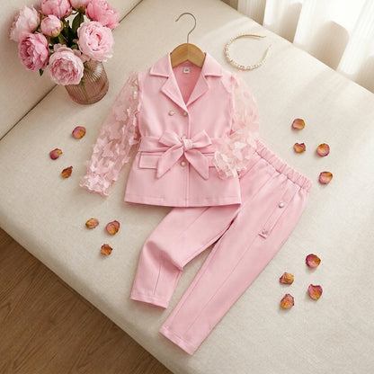 Elegant Girls' Blazer Set – Light Pink Formal Suit with Butterfly Sleeves.