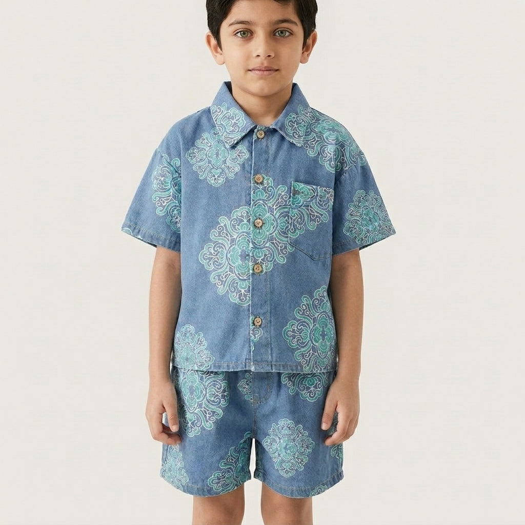 Boys Blue Printed Cotton Co-ord Set – Summer Casual Shirt & Shorts (1-6 Years)