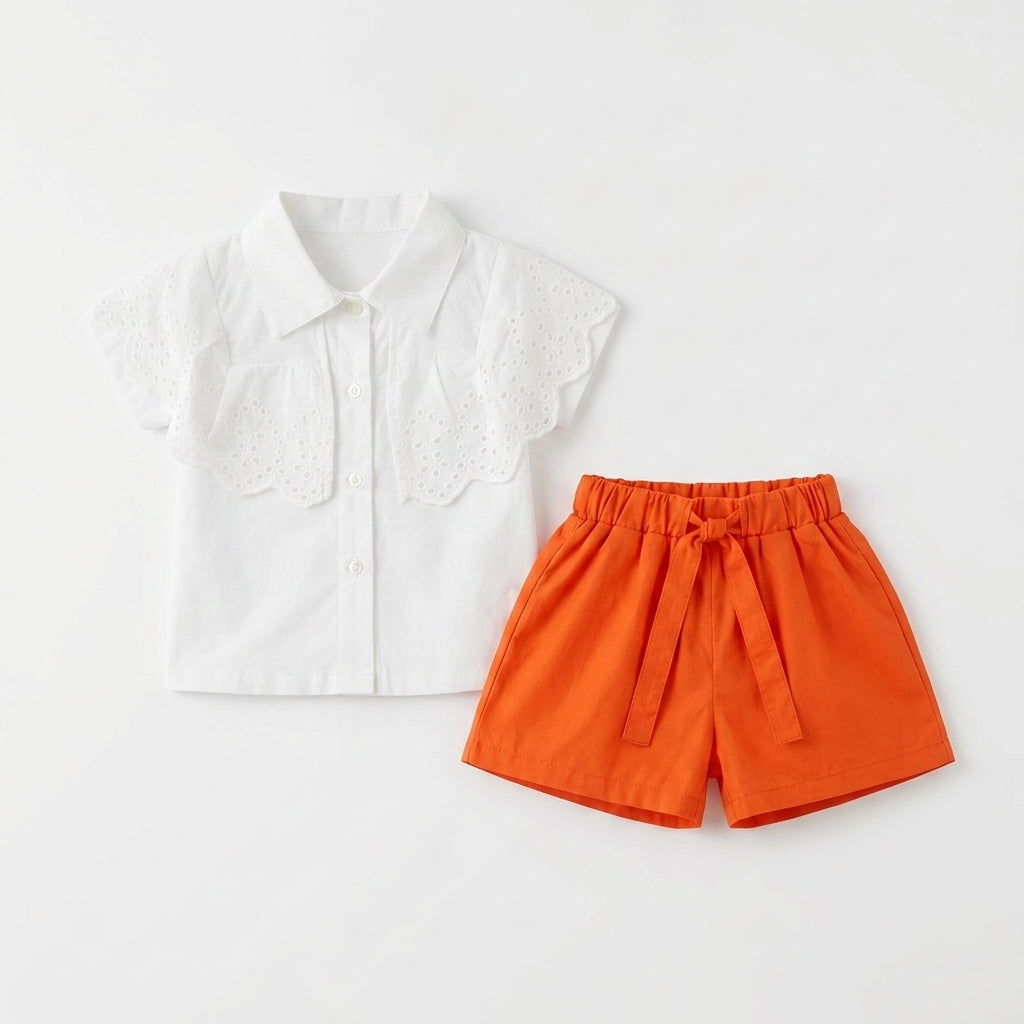 White Eyelet Shirt & Red Shorts Girls Co-ord Set | Summer Outfit (0–3 Years) | Coryn & Kin