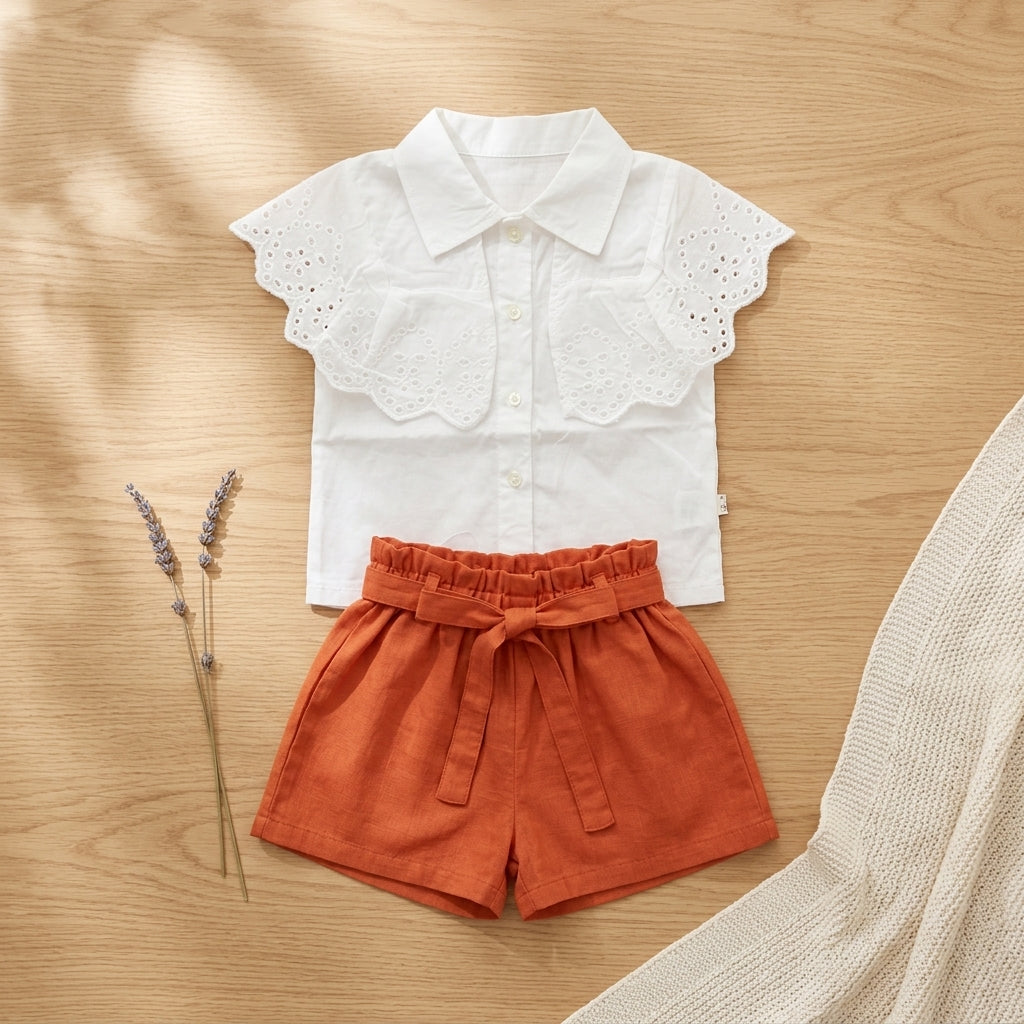 White Eyelet Shirt & Red Shorts Girls Co-ord Set | Summer Outfit (0–3 Years) | Coryn & Kin