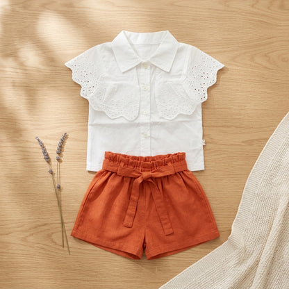 White Eyelet Shirt & Red Shorts Girls Co-ord Set | Summer Outfit (0–3 Years) | Coryn & Kin