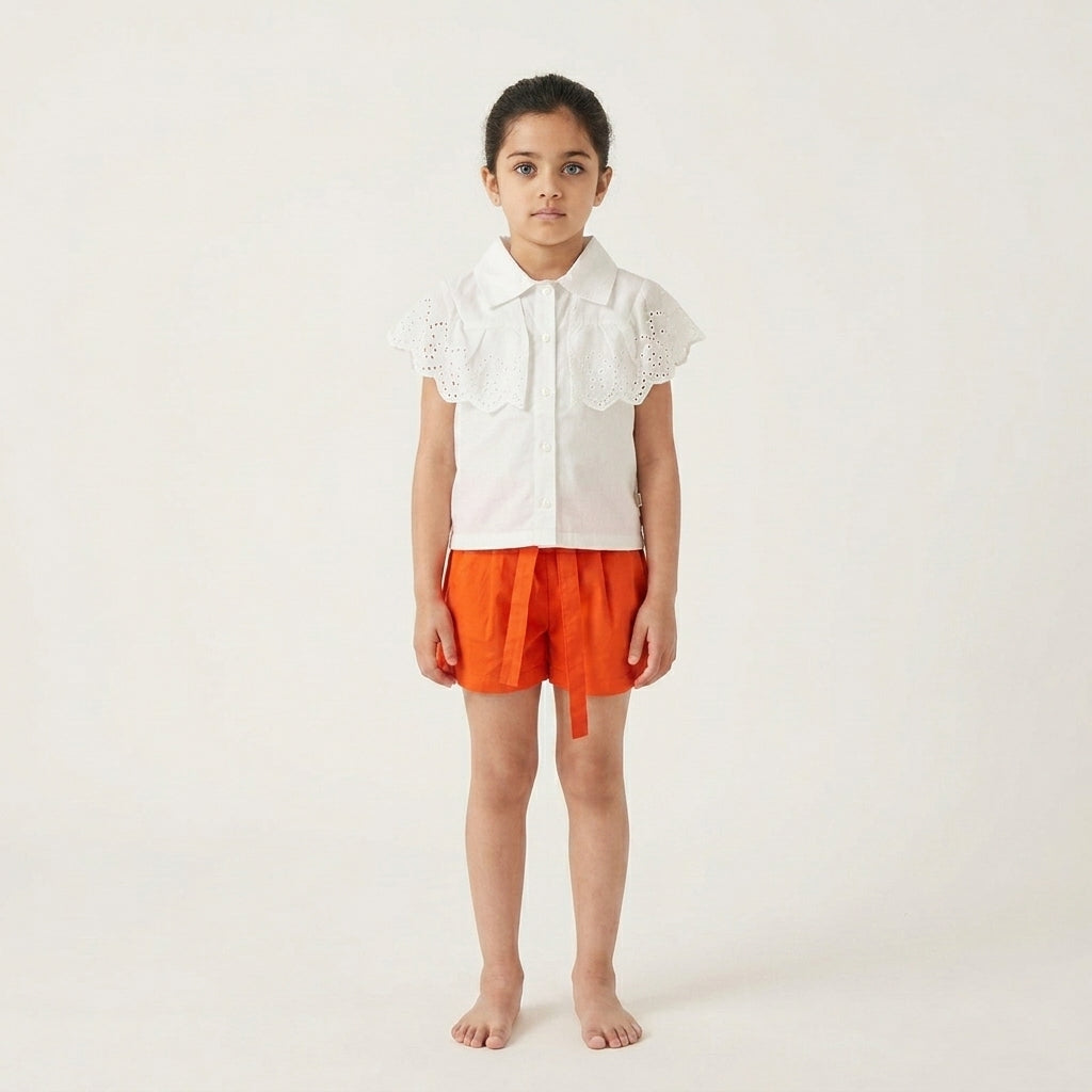White Eyelet Shirt & Red Shorts Girls Co-ord Set | Summer Outfit (0–3 Years) | Coryn & Kin