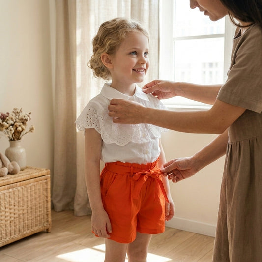 White Eyelet Shirt & Red Shorts Girls Co-ord Set | Summer Outfit (0–3 Years) | Coryn & Kin