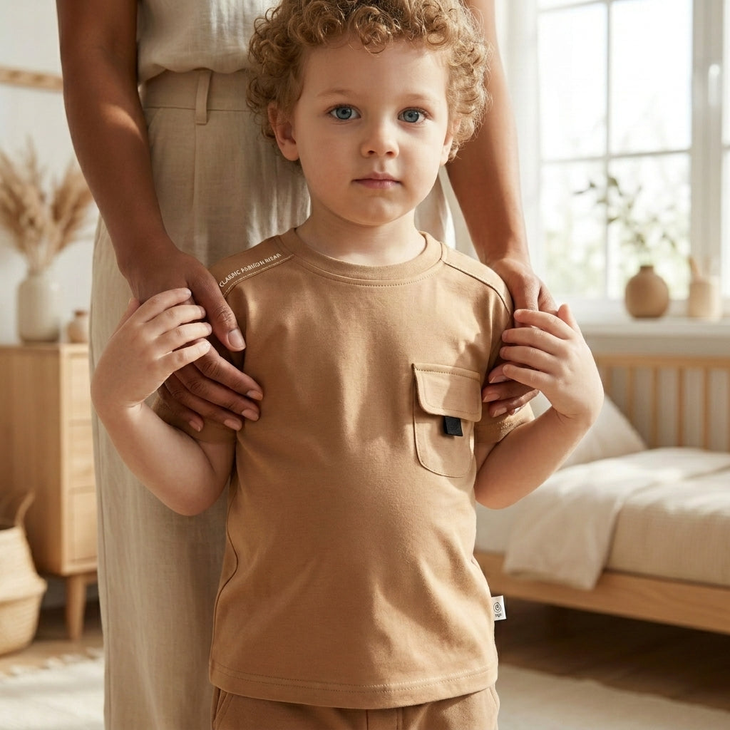 Brown Pocket Boys Cotton T-Shirt | Minimal Summer Tee (1–5 Years) | Coryn & Kin