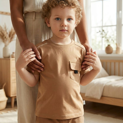 Brown Pocket Boys Cotton T-Shirt | Minimal Summer Tee (1–5 Years) | Coryn & Kin