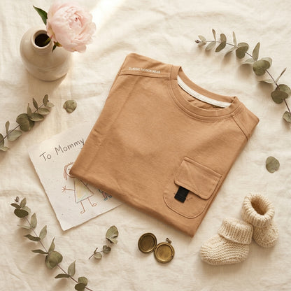 Brown Pocket Boys Cotton T-Shirt | Minimal Summer Tee (1–5 Years) | Coryn & Kin
