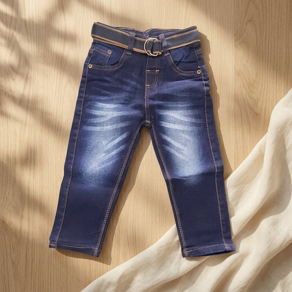 Boys Dark Wash Denim Jeans with Belt | Stylish Stretchable Kids Jeans | Coryn & Kin