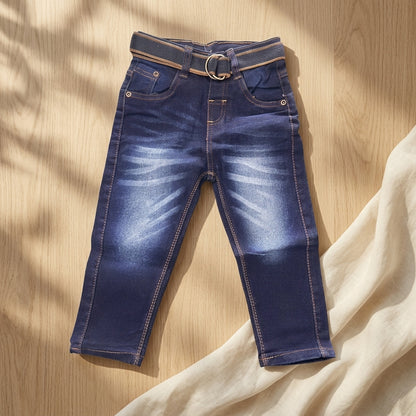 Boys Dark Wash Denim Jeans with Belt | Stylish Stretchable Kids Jeans | Coryn & Kin