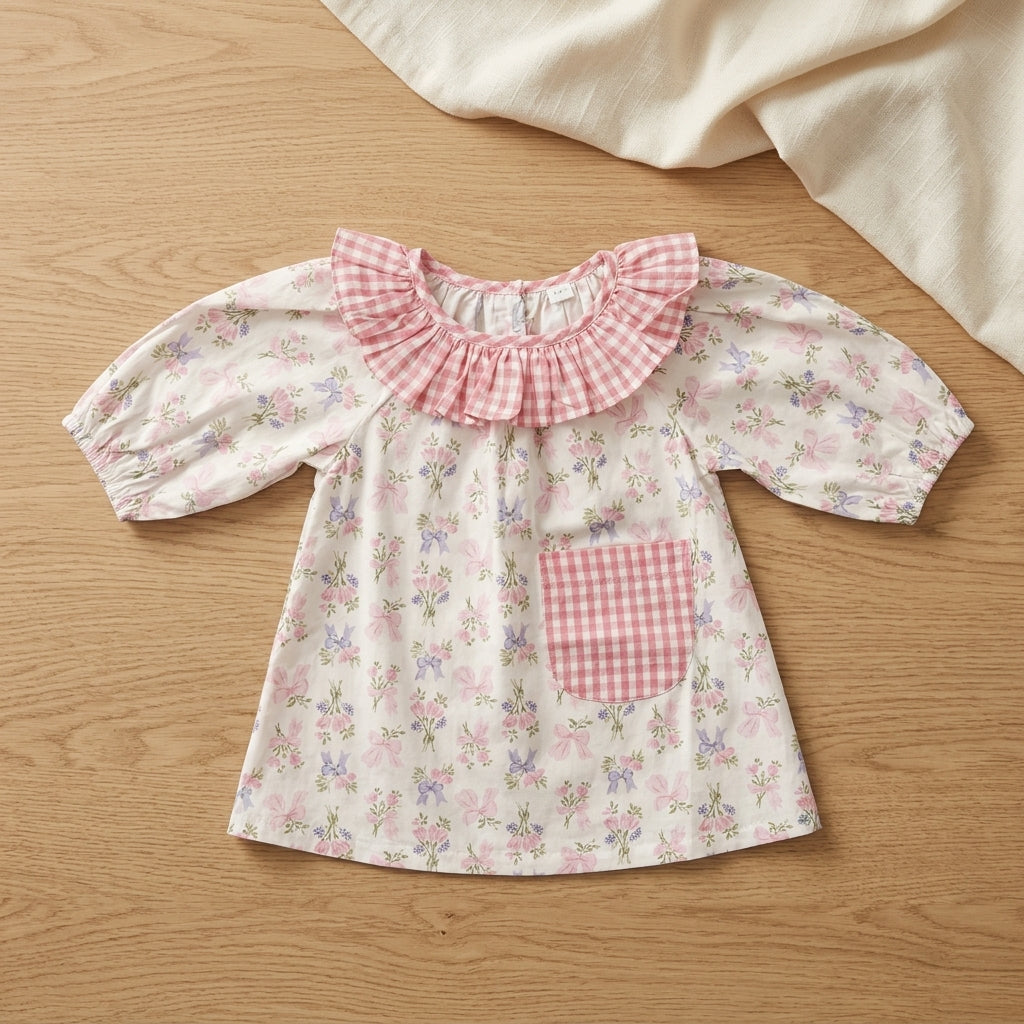 Girls Floral Puff Sleeve Dress | Soft Cotton Pink Printed Dress for Kids (1–5 Years) | Coryn & Kin