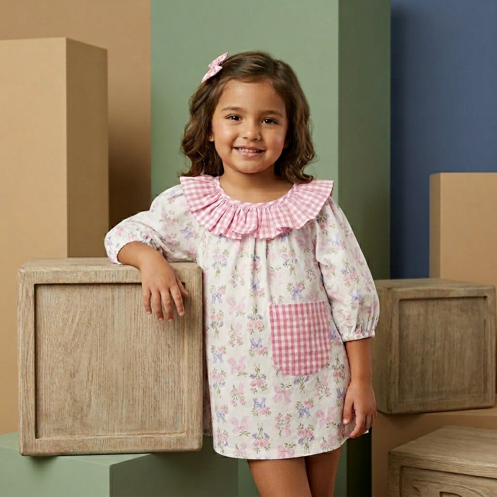 Girls Floral Puff Sleeve Dress | Soft Cotton Pink Printed Dress for Kids (1–5 Years) | Coryn & Kin