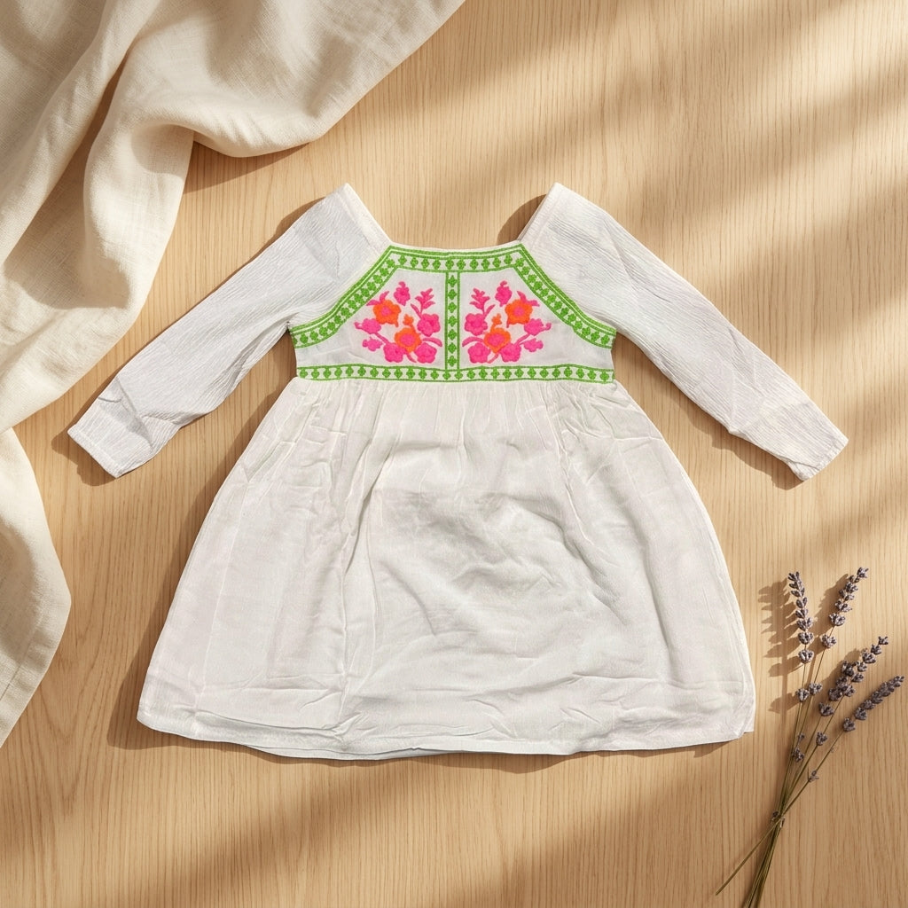 Girls White Embroidered Dress | Floral Cotton Ethnic Dress for Kids (1–5 Years) | Coryn & Kin