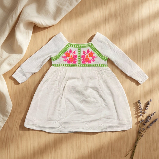 Girls White Embroidered Dress | Floral Cotton Ethnic Dress for Kids (1–5 Years) | Coryn & Kin
