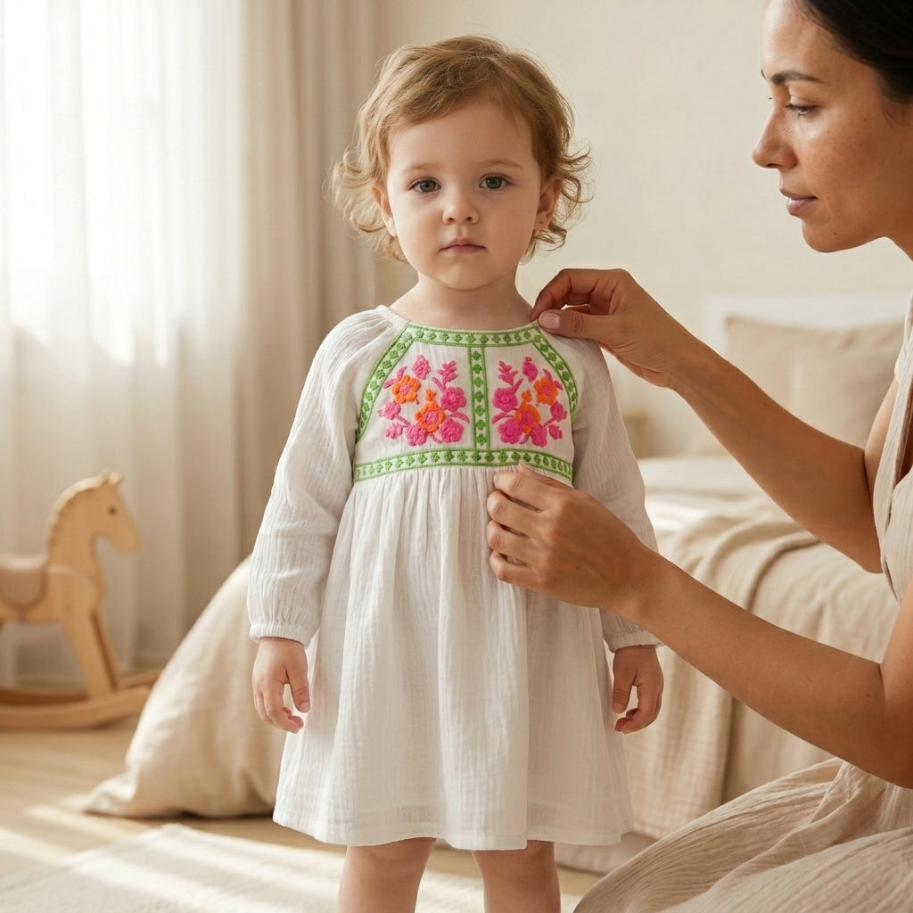 Girls White Embroidered Dress | Floral Cotton Ethnic Dress for Kids (1–5 Years) | Coryn & Kin