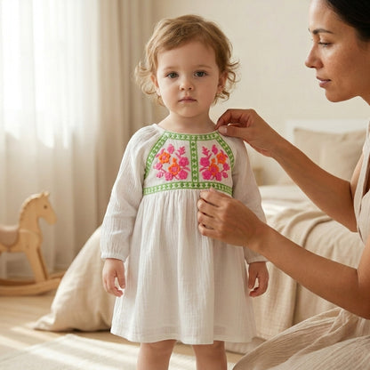 Girls White Embroidered Dress | Floral Cotton Ethnic Dress for Kids (1–5 Years) | Coryn & Kin