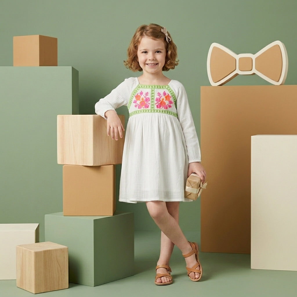 Girls White Embroidered Dress | Floral Cotton Ethnic Dress for Kids (1–5 Years) | Coryn & Kin