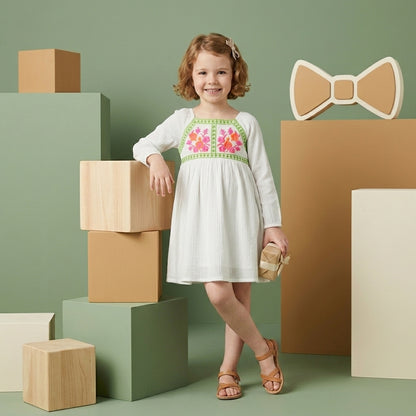 Girls White Embroidered Dress | Floral Cotton Ethnic Dress for Kids (1–5 Years) | Coryn & Kin