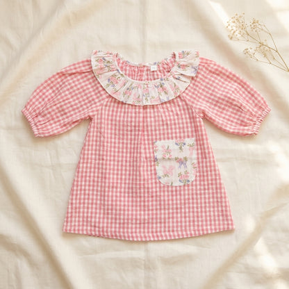 Girls Pink Gingham Floral Dress | Soft Cotton Puff Sleeve Dress for Kids (1–5 Years) | Coryn & Kin
