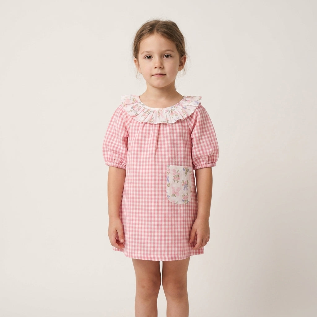 Girls Pink Gingham Floral Dress | Soft Cotton Puff Sleeve Dress for Kids (1–5 Years) | Coryn & Kin