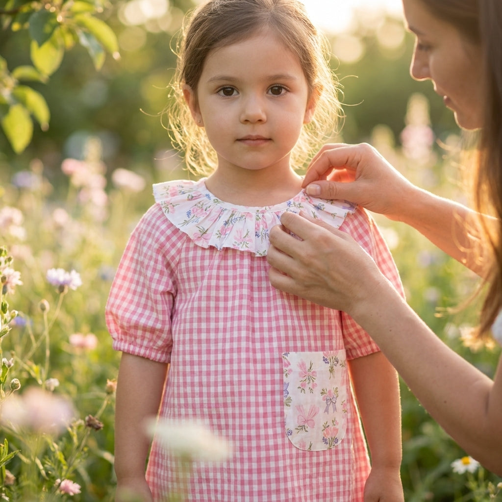 Girls Pink Gingham Floral Dress | Soft Cotton Puff Sleeve Dress for Kids (1–5 Years) | Coryn & Kin
