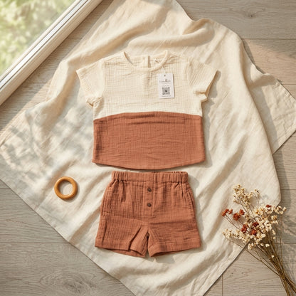 Boys Cotton Muslin Co-ord Set | Beige & Rust Summer Outfit (1–5 Years) | Coryn & Kin