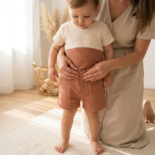 Boys Cotton Muslin Co-ord Set | Beige & Rust Summer Outfit (1–5 Years) | Coryn & Kin