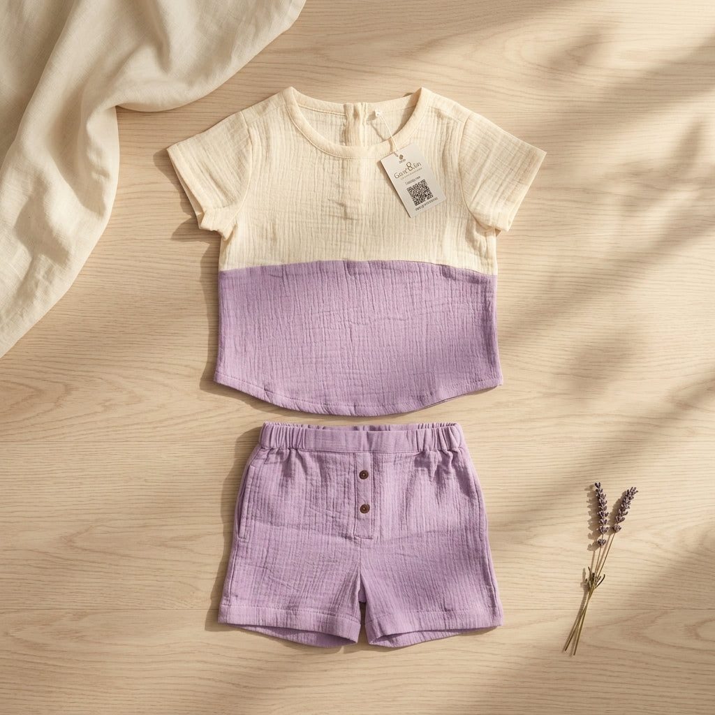 Boys Lavender Muslin Co-ord Set | Soft Cotton Summer Outfit for Kids (1–5 Years) | Coryn & Kin