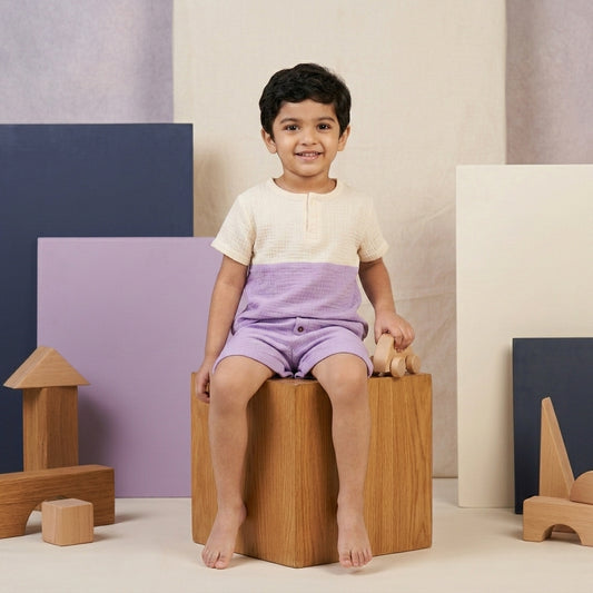 Boys Lavender Muslin Co-ord Set | Soft Cotton Summer Outfit for Kids (1–5 Years) | Coryn & Kin