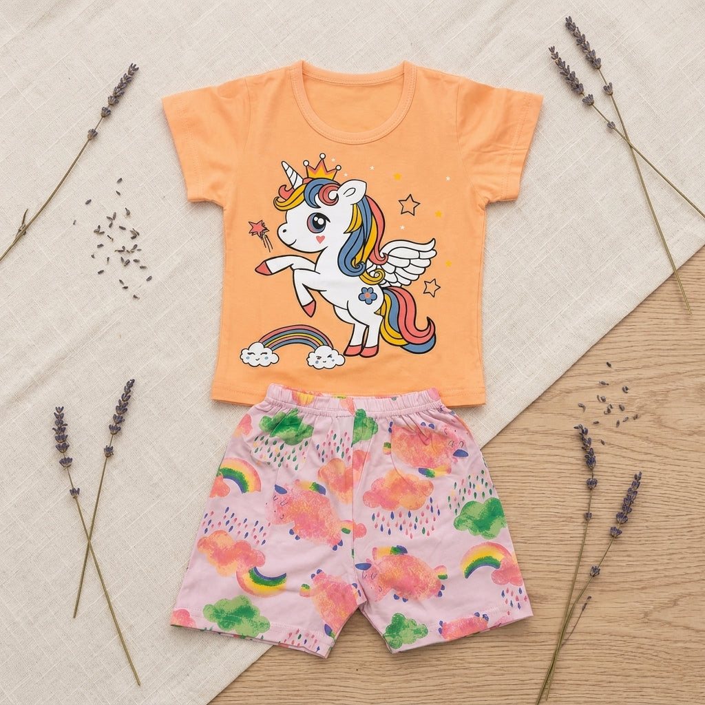 Girls Unicorn Print T-Shirt & Rainbow Shorts Set | Cute Summer Co-Ord Set for Girls